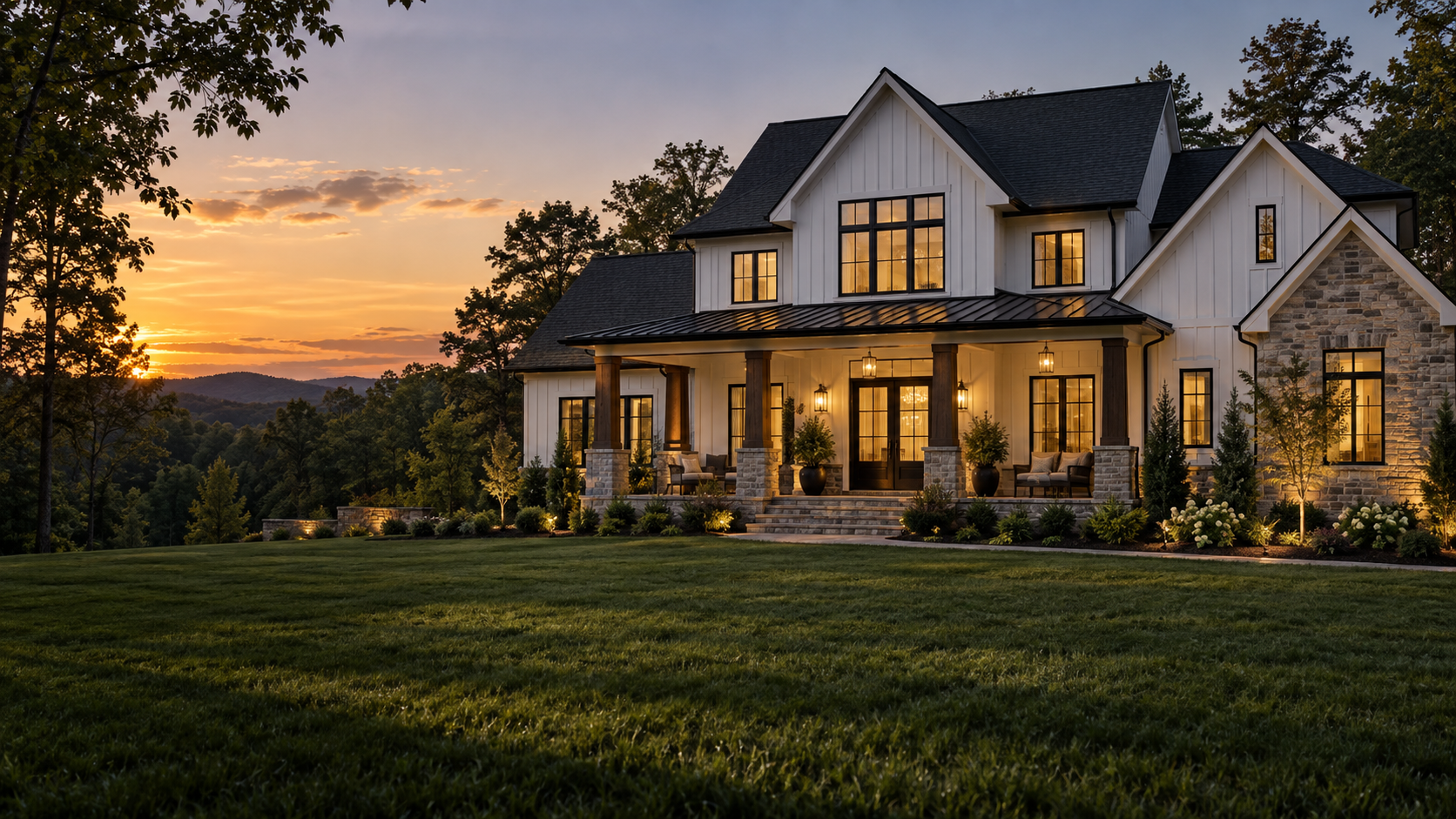 Custom-built modern farmhouse at sunset